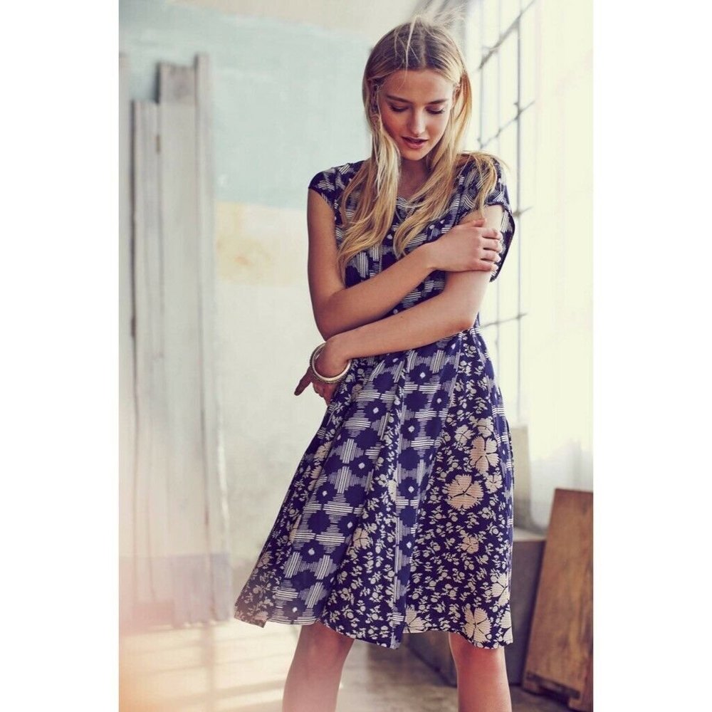 Anthropologie Blue and Cream Floral Dress